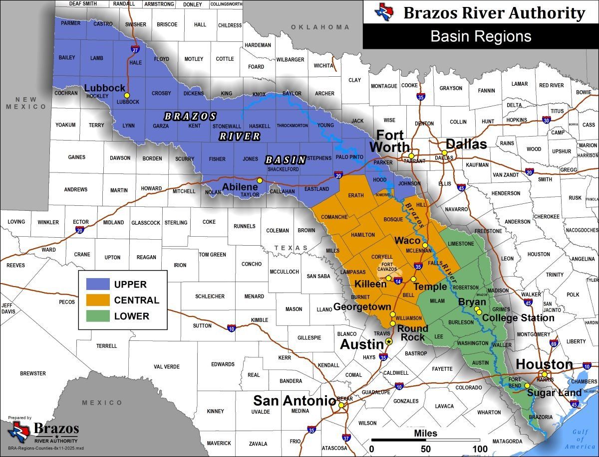 Map of the Brazos River basin showing the counties and regions managed by the Brazos River Authority